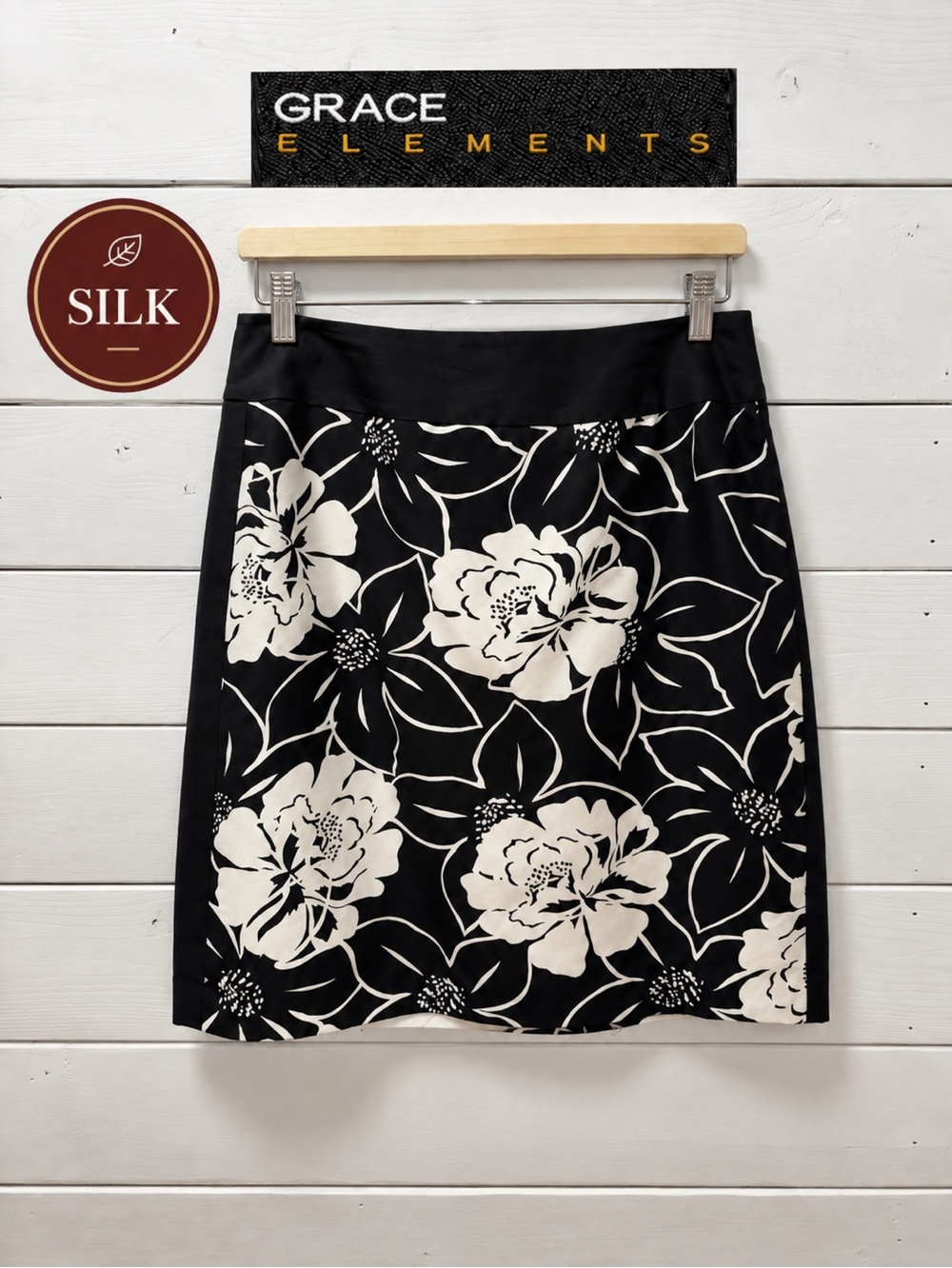 Grace Elements Floral Pencil Skirt Black & Ivory – Size 14P